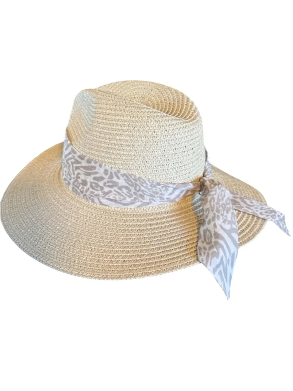 Vince Camuto Women’s Natural Sun Hat Animal Print Scarf Band NEW